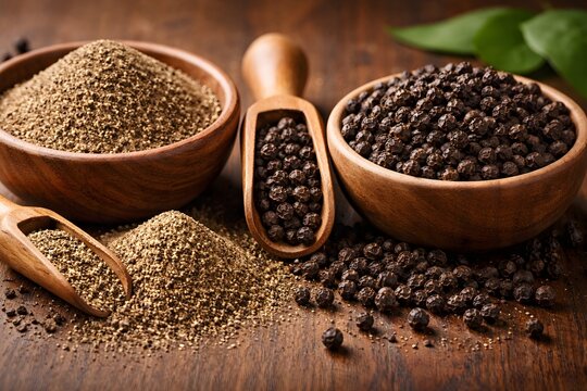 Premium Black Pepper Powder and Whole Peppercorns. 
Finely ground black pepper and whole peppercorns arranged in a rustic wooden setting. 