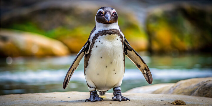 A penguin stands on a rock by the water. The scene shows a blurred green background and the penguin has its wings slightly open. It is a bright day