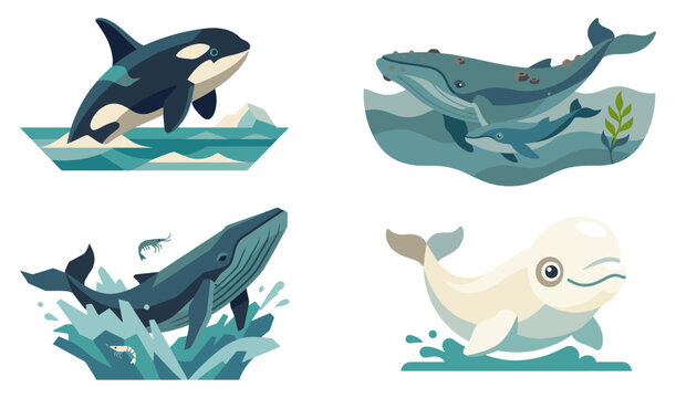 Marine life big fish set with whale, orca, beluga and ocean wildlife underwater scenes Flat vector illustration