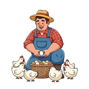 Farmer collecting eggs from a basket surrounded by chickens, cartoon illustration