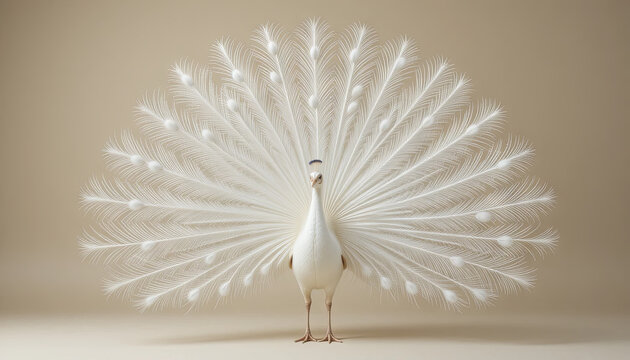 A white peacock stands in a studio with its feathers fully spread out. The background is light, and the peacock has an elegant posture