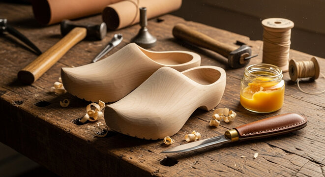 Wooden shoe lasts on a workbench with tools and materials