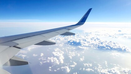 Obraz premium Airplane wing above clouds with clear blue sky view