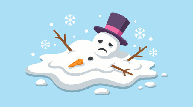 A whimsical snowman melting under a gentle snowfall, symbolizing the fleeting nature of winter and the bittersweet emotions associated with seasonal changes and nostalgia.