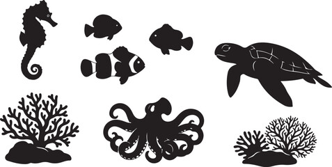 Black silhouettes of a bat a bird a pterodactyl a dragon a crab and a tree © RobiulIslam