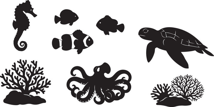 Black silhouettes of a bat a bird a pterodactyl a dragon a crab and a tree