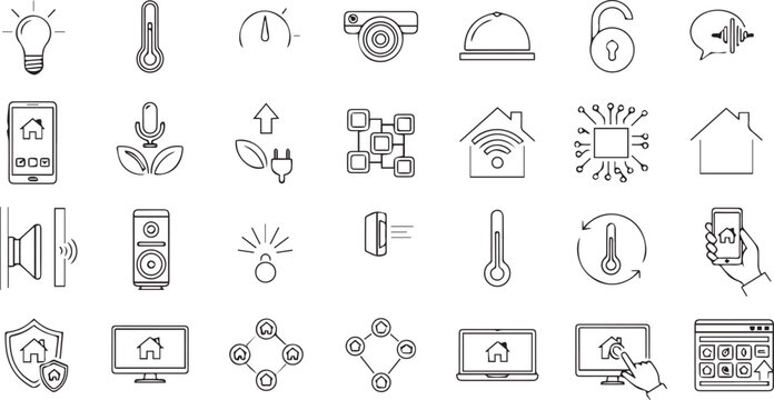 Smart Home Automation and IoT Technology Line Icon Set: Intelligent House Control, Wireless Security and Eco-Friendly Smart Living Symbols