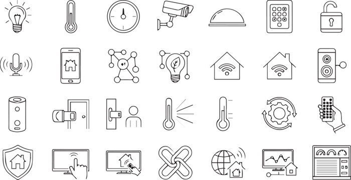 Smart Home Automation and Security System Line Icon Set Internet of Things IoT  Home Control and Wireless Technology Symbols