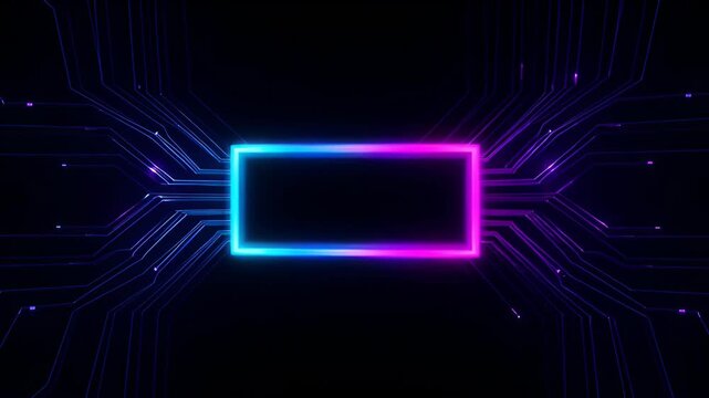 Neon circuit frame, blue and pink glow dark background, abstract technology design, neon rectangle frame with circuit line, digital technology frame, glowing outline, futuristic cyber network design