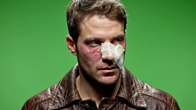 Injured Man With Bandaged Nose and Bruises Wearing Leather Jacket Against Green Screen Background