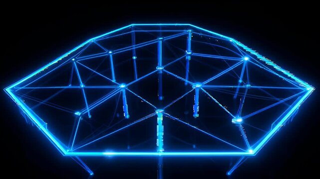 Abstract blue black background digital future glow line connection network, bright futuristic geometric wireframe polygon mesh with glowing nodes and edge lines, neon abstract design for SEO support