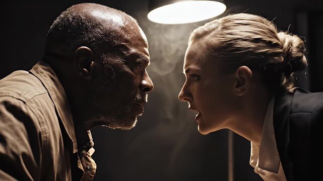 Intense Interrogation Scene Dramatic Lighting Two Figures Leaning Across Table Focused Close Up