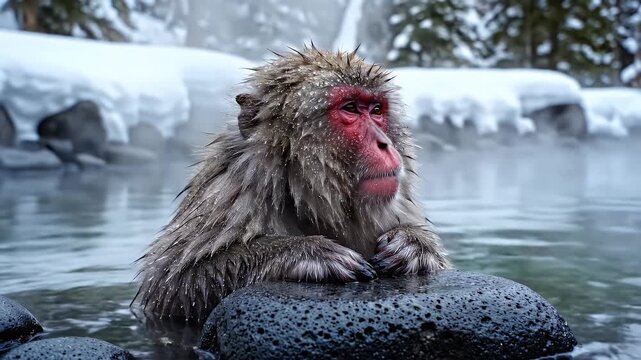 Japanese Macaque Monkey Enjoys Steaming Hot Spring Water During Snowfall A Serene Winter Scene with Animal Wildlife