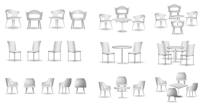 Collection of modern indoor tables and chairs arranged in various layouts and perspectives, isolated on white background. Contemporary furniture commonly used in dining rooms, cafes, offices, lounges,
