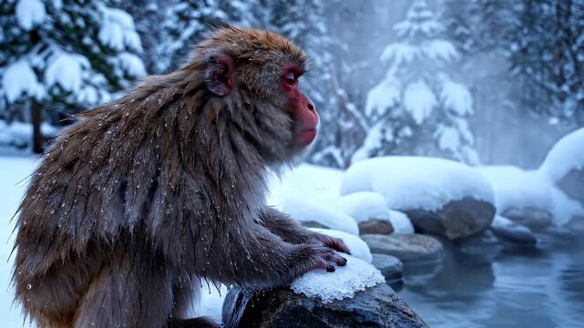 Japanese Macaque Monkey Seated By Steaming Hot Spring Water In A Snowy Winter Forest With Falling Snowflakes