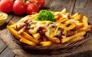 Fototapeta premium Delicious Snack with Fries and Melted Cheese on Wooden Table