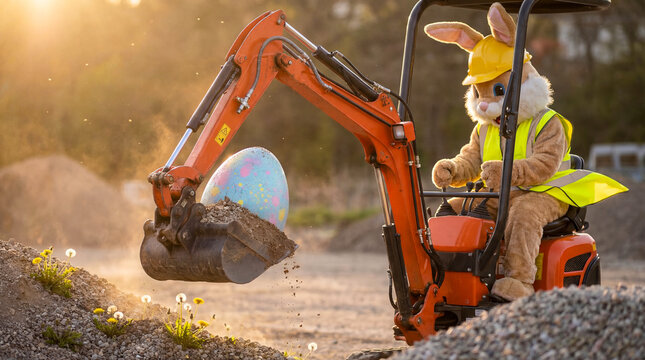 Easter Bunny Driving Excavator with Giant Egg at Construction Site