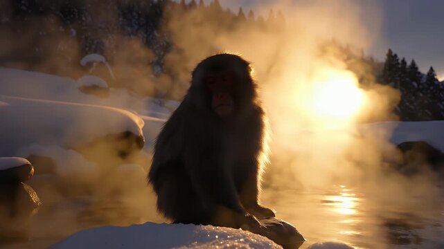 Japanese Snow Monkey Sits in Steaming Hot Spring at Sunrise Golden Hour Snow Winter Forest Landscape