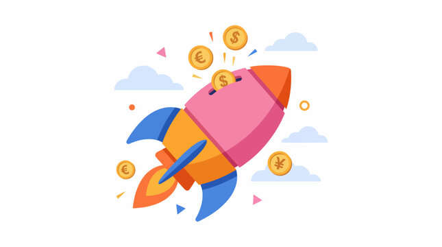The image showcases a colorful rocket blasting off, surrounded by coins and symbols of currency, representing financial success, growth, and aspirations in a fun and vibrant style.