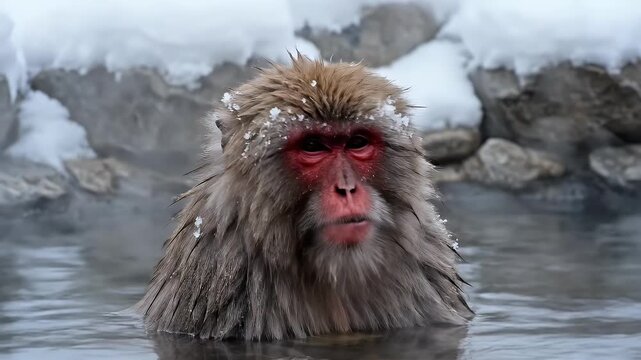 Japanese Snow Monkey Yawning While Soaking in Geothermal Hot Spring Surrounded by Snow Covered Rocks
