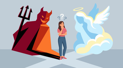 A young woman stands uncertainly between a devil figure and an angelic figure, contemplating choices, embodying the struggle between good and evil in a captivating illustration. © cui