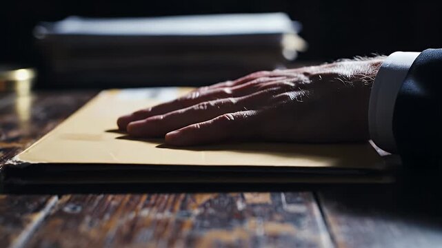 Lawyer Placing Hand On Evidence Folder Document Case File On Wooden Desk Investigation Legal Concept