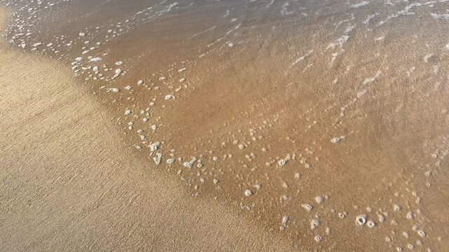 Sea foam beach sand ocean water wave shore coastal nature summer travel vacation soft ocean wave gently washing smooth golden sand shore peaceful