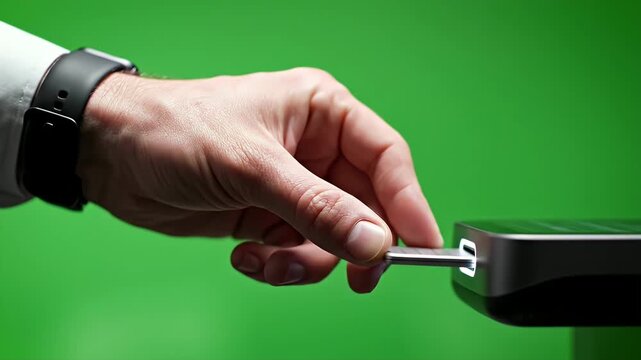 Male Hand Wearing Smartwatch Inserts USB Drive Into Electronic Device Against Green Screen Background With Subtle Lighting