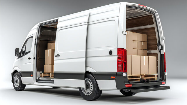 White delivery van with open cargo area full of boxes. Logistics and shipping service concept for ecommerce business.