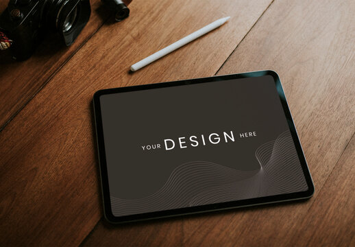 Tablet Mockup On Wooden Surface PSD