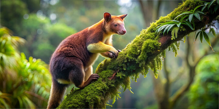 A cuscus is seen climbing a tree branch covered in moss in a lush rainforest. The animal uses its strong limbs to navigate the greenery and find food