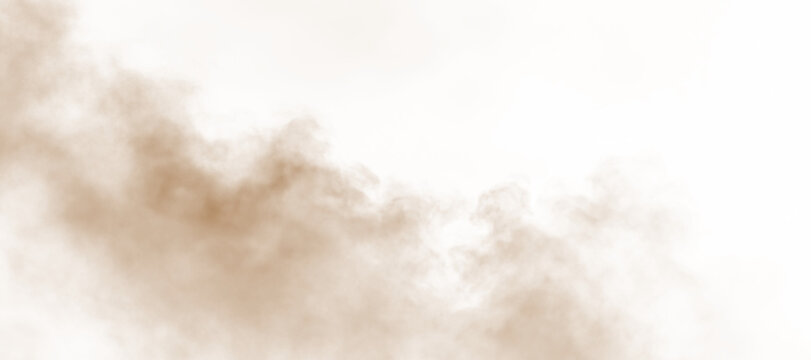 Dust, sand, soil, smoke cloud particles isolated on a clean transparent or white background. Brown sandstorm haze with dust explosion rising upward. Perfect design elements for compositing, overlays,