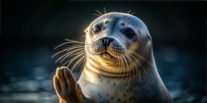 A seal sits near the water, raising its flipper as if waving. The sun shines on its face, creating a warm glow. The background shows a calm water surface and blurred shadows