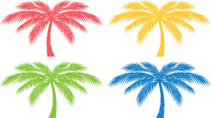Obraz premium Vibrant palm tree vector set, colorful tropical foliage illustrations, summer vacation and beach holiday design elements, exotic island plant graphics for travel and leisure projects