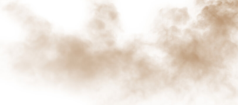 Dust, sand, soil, smoke cloud particles isolated on a clean transparent or white background. Brown sandstorm haze with dust explosion rising upward. Perfect design elements for compositing, overlays,
