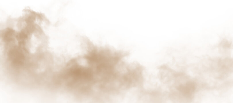 Dust, sand, soil, smoke cloud particles isolated on a clean transparent or white background. Brown sandstorm haze with dust explosion rising upward. Perfect design elements for compositing, overlays,