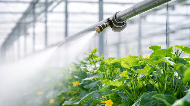 Irrigation system watering cucumber plant inside professional greenhouse. Automated misting equipment for vegetable crop production. Agricultural technology for smart farming and plant growth.