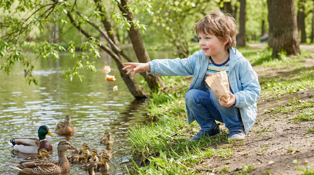Young boy feeding ducks by a spring pond in a green park  