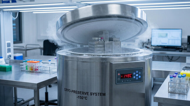 Cryogenic storage unit releasing vapor in modern laboratory environment  