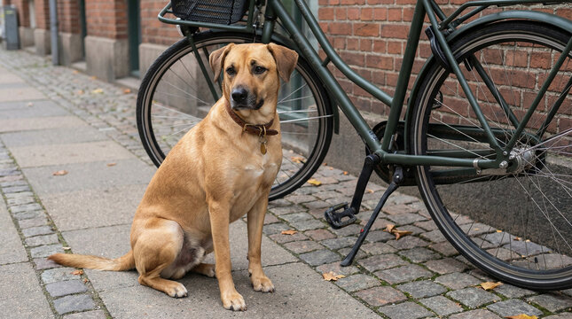 Dog sitting beside parked bicycle on city street  
