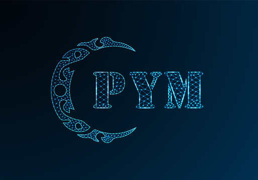 Low poly letter logo PYM design. PYM letter logo low poly vector design on blue color gradient background. PYM logo low poly design