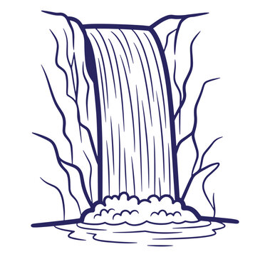 Simple line art illustration of a beautiful waterfall cascading into a still pool of water