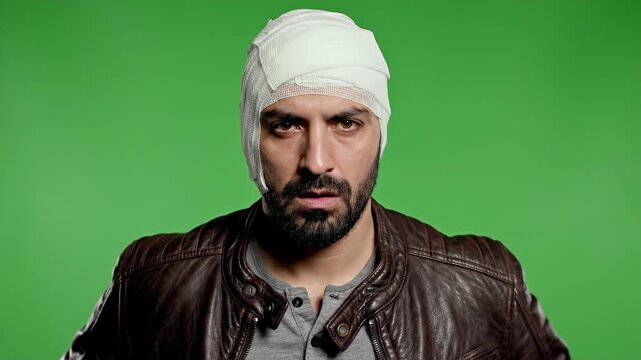 Man with Bandaged Head Looking Downweary on Green Screen Background Wearing Brown Leather Jacket and Gray Shirt