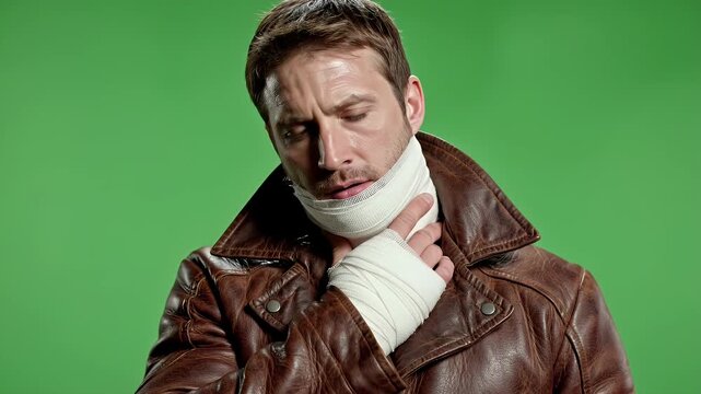 Man with Bandaged Neck and Hand Wearing Leather Jacket Sweating on Green Screen Background