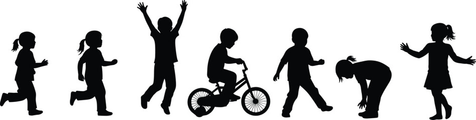 Obraz premium Children silhouettes collection showing playing, running, jumping, cycling, and walking poses, kids activity illustration isolated on white background for education, parenting, and lifestyle design