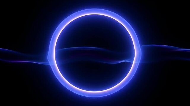 Glowing Blue Neon Circle Ring Light Wave Abstract Black Background, Futuristic Digital Frame, Minimal Design, Energy Glow, Copy Space, Dark High Tech Visual