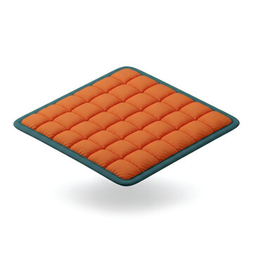 An isometric view of a square orange quilted cushion with a dark teal border floating in space
