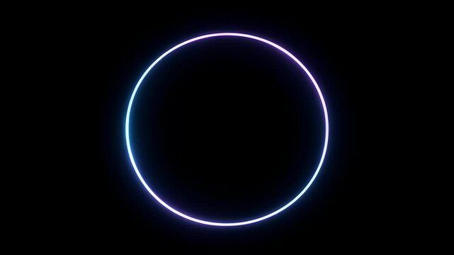 Neon ring circle on black background, glowing blue and purple light, abstract minimal design with futuristic dark copy space and empty space