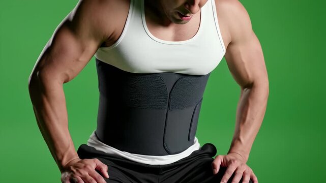 Muscular man wearing a compression garment with a green background