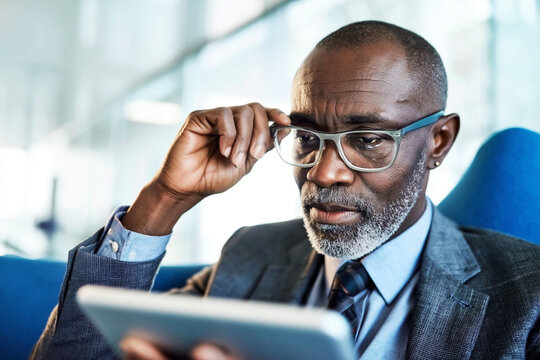 A distinguished senior African American businessman wearing a stylish suit and glasses intently focuses on a digital tablet in a bright modern office 